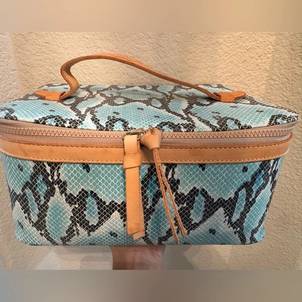 Consuela Snake-Print Blue Train Case with Tan Leather Trim - Picture 1 of 6